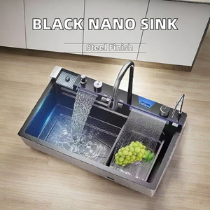 Handmade Single Bowl Stainless Steel <strong>Kitchen</strong> <strong>Sink</strong> Black Nano Modern Design with 5 Holes Waterfall Faucet Smart Features Faucet - Product Image 6