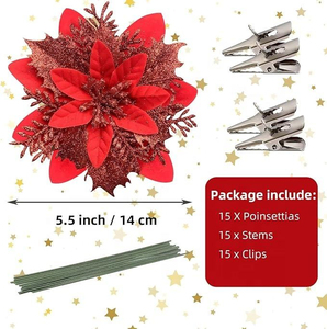 Deep red sparkling <b>Christmas</b> flowers, plastic decorations, artificial <b>Christmas</b> <b>tree</b> wreath decorations - Product Image 3