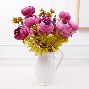 Fleur artificielle de pivoine, 13 têtes, rose et blanche, grande pivoine, toucher réel, bouquet de fleurs artificielles en soie pour la décoration de centre de table de mariage - Product Image 6