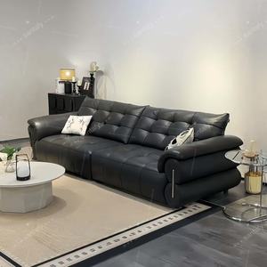 Ensemble de canapé-lit inclinable en cuir noir moderne français, salon, détente, dossier haut, design simple, droit, école - Product Image 3