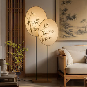 Lampe de sol en tissu à feuilles de bambou orientales, commande tactile, source de lumière à économie d'énergie, pour décoration de salon et de salle de thé - Product Image 1
