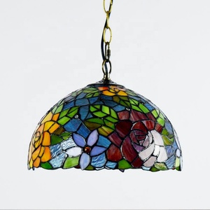 LongHuiJing 12 Inch European Stained Glass Rose Style Tiffany Pendant <b>Light</b> Home Table Lamp Stained Glass Lamp - Product Image 5