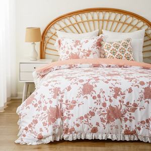 Juego de Ropa de Cama de Microfibra Prelavada <span class=keywords><strong>con</strong></span> Estampado Floral y Ribete de Encaje, Funda de Edredón, Fundas de Almohada - Product Image 1