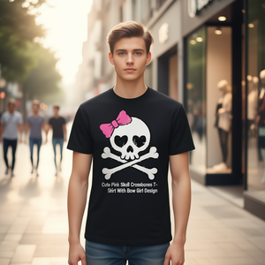T-shirt rose mignon avec motif de crâne et os croisés, design fille avec nœud, noir, unisexe, taille M - Product Image 3