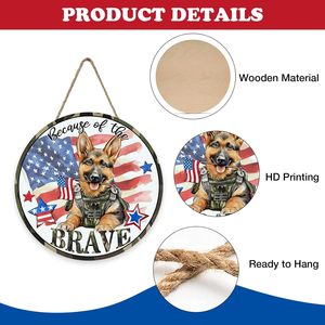 Letrero Patriótico de 4 de <span class=keywords><strong>Julio</strong></span> para Puerta Principal con Perro Pastor Alemán, Placa de Madera Personalizable Ecológica con Diseño de Corona de Pared, Estilo Americano Valiente - Product Image 2
