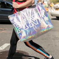 Grand sac holographique rose Logo personnalisé argent irisé réutilisable sac fourre-tout brillant