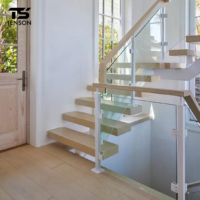 Escalier moderne en bois de noyer pliant avec rampe en verre pour villa - Escalier flottant et droit sur mesure