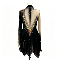 Robe de patinage artistique noire à col montant, dos en V profond en maille, strass colorés, jupe asymétrique pour filles et adultes