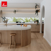 Meubles de cuisine Alland : Armoires d'îlot incurvées en bois à panneaux plats bicolores avec design moderne pour salle à manger et rangement domestique