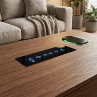 Table basse intelligente Kainice moderne avec haut-parleurs, finition bois, réfrigérateur intégré pour boissons et bière, plateau en verre trempé