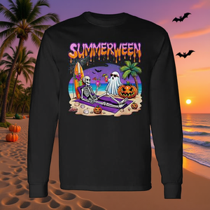 Summerween Skeleton Ghost Beach Spooky Halloween T-shirt à manches longues - Product Image 3
