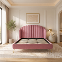 Lit double capitonné style glamour français avec tête de lit rose en forme de pétale et sommier à lattes en bois pour chambre de fille - Vente en gros