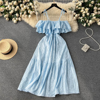 Robe longue d'été pour femme, épaules dénudées, bretelles spaghetti, broderie anglaise, volants, taille cintrée, coupe fluide