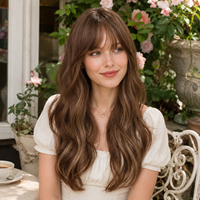 Perruque synthétique longue ondulée châtain brun avec mèches blondes, frange fine, résistante à la chaleur, ligne de cheveux naturelle, sans colle, ajustable