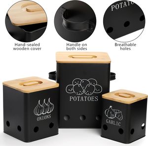 Vegetable Storage Tins, Metal Onion Garlic <strong>Potato</strong> Jars Set, Kitchen Canisters Vegetable Keeper <strong>Containers</strong> with Wooden Lid - Product Image 5