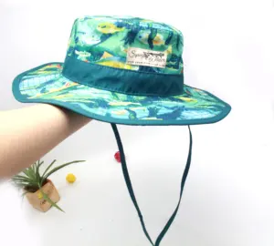 Hochwertige Outdoor-Wanderung mit breiter Krempe Boonie Angel hut Fischer mütze benutzer definierte Allover Print Eimer Hut mit Schnur