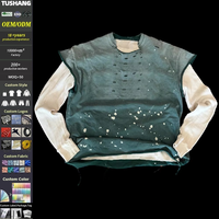 T-shirt thermique double couche en coton personnalisé, coupe oversize, manches longues, effet délavé, effet éclaboussures, tissu gaufré