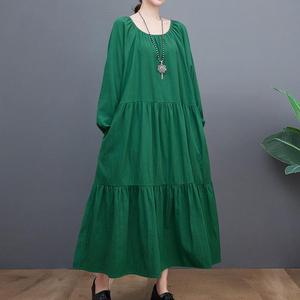 <span class=keywords><strong>Robe</strong></span> décontractée en coton lin vert uni pour femmes hiver automne Maxi avec col rond manches longues bouffantes ceinture poches-mode respirante - Product Image 4