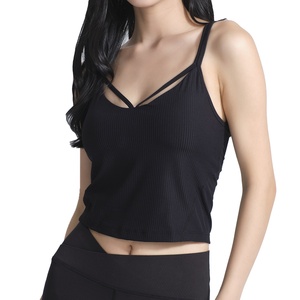 JAC22 H4281 Débardeur de yoga pour femme, moulant, à fines bretelles sexy, à rayures verticales et à texture côtelée - Product Image 5