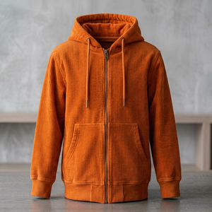 <b>Orange</b> Corduroy Zip <b>Hoodie</b> Men's Hooded Sweatshirt Regular Fit Knitted Jacket 100% Cotton Solid for Autumn Casual Wear - Product Image 1