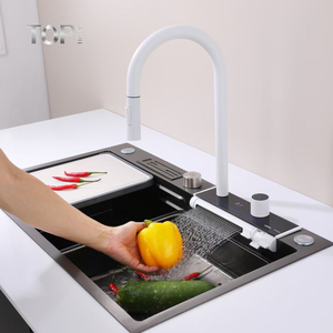 Robinet de cuisine moderne blanc effet cascade, monocommande, raccords flexibles, durable, douchette extractible rotative à jet pluie, finition brossée - Product Image 2
