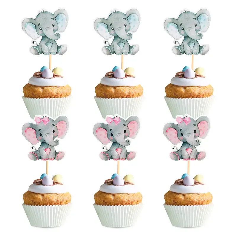 2023 Blauwroze Olifant Dessert Cupcake Toppers Groothandel Voor Baby 'S Verjaardagsfeestje Taart Decoraties