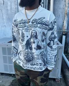 스트릿웨어 커스텀 디자인 DTG 프린트 그래픽 티 코튼 써멀 긴팔 배기 와플 니트 티셔츠 남성용 - Product Image 2