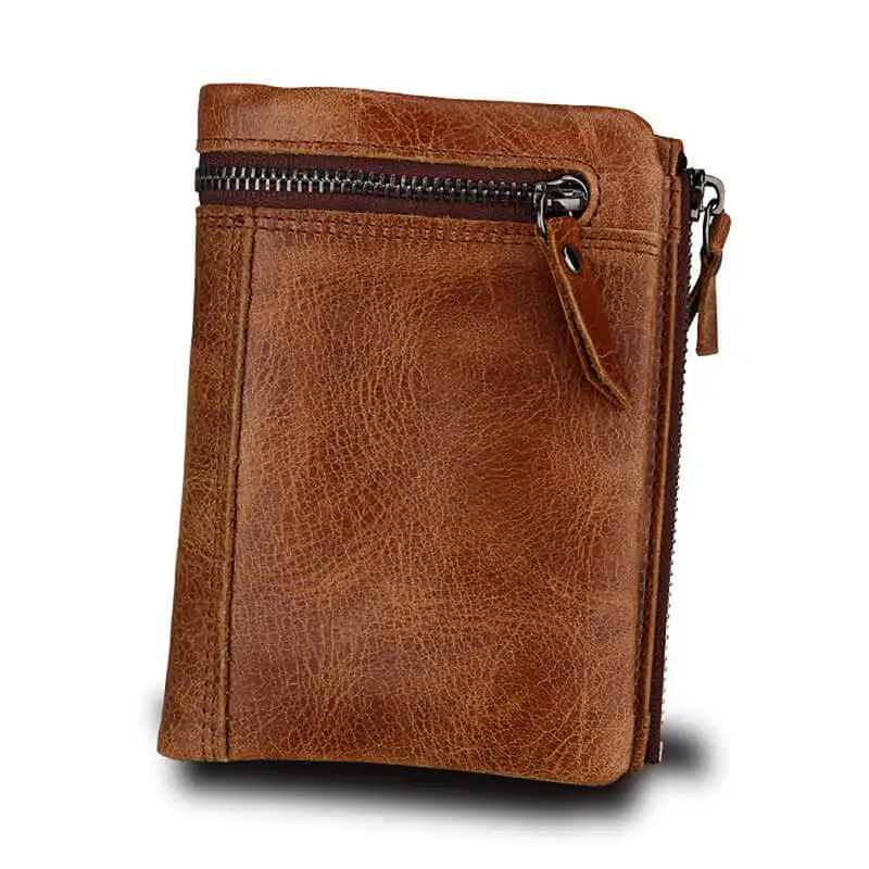 Luxury brand man premium cowhide leather bi-fold custom small zipper wallet men genuine leather slim rfid short wallet for men