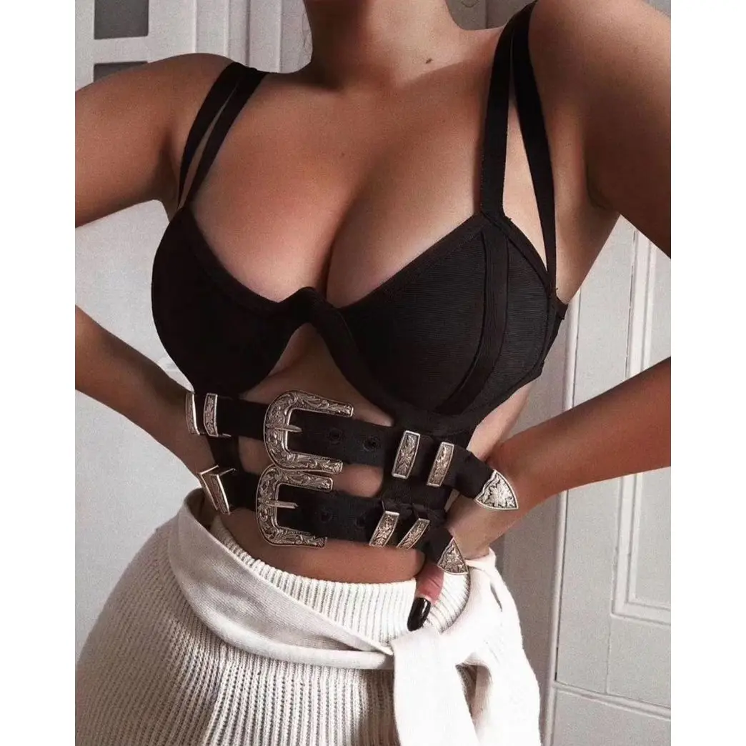 2021 Fall Wholesale top quality black cut-out bandage cut top sexy high-level multi-row gold metal club woman tops fashionable