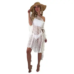 Vacances d'été Beach Slanted Shoulder Blouse Dress Tassel Crochet Knit Dress Women