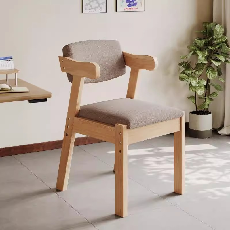 Solid wood in natural color + coffee-colored fabric upholstery