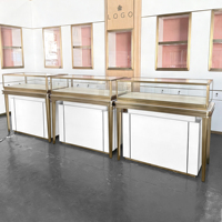 Vitrine de présentation de bijoux en acier inoxydable doré avec LED personnalisées, comptoir de présentation de bijoux rectangulaire en verre pour boutique de bijoux