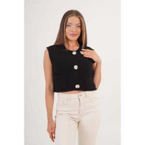 Chaleco Negro de Punto para Mujer, Sin Mangas, con Botones Dorados, Bolsillos Dobles, Prenda Exterior, 100% Acrílico, Tejido de Lana - Product Image 4