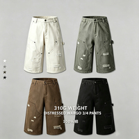 Celana Capri Cargo Robek untuk Pria, Model Amerika Longgar Vintage, Efek Cuci dan Distressed, Kaki Lurus, Multi-Saku, Grosir Pabrik