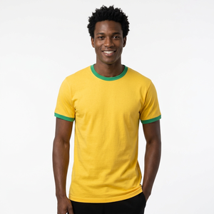Men's Yellow T-Shirt Short Sleeve O-Neck Contrast Green <b>Trim</b> Regular Fit Casual Solid Color Knitted <b>Fabric</b> - Product Image 1