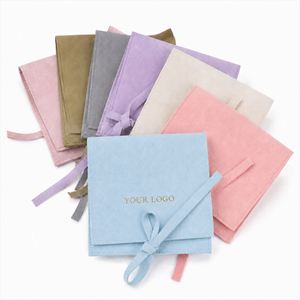 Custom Logo Microfiber Suede Jewelry Pouch <b>Envelope</b> Flap Bag With Ribbon Bow Closure Luxury Gift Packaging for Earring Ring - Product Image 1