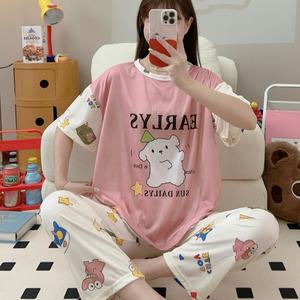 Ensemble de Pyjama Deux Pièces pour <span class=keywords><strong>Femme</strong></span>, Pantalon Court à Manches Courtes, Col Rond, Style Coréen, Dessin Animé d'Été, Vêtements de Nuit et d'Intérieur Économiques - Product Image 2