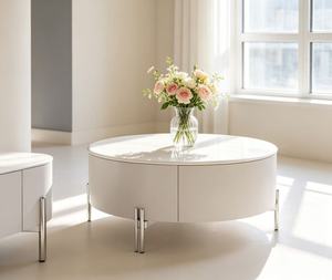 Table basse ronde moderne avec plateau en marbre, structure en métal, rangement, meubles de salon - Product Image 4