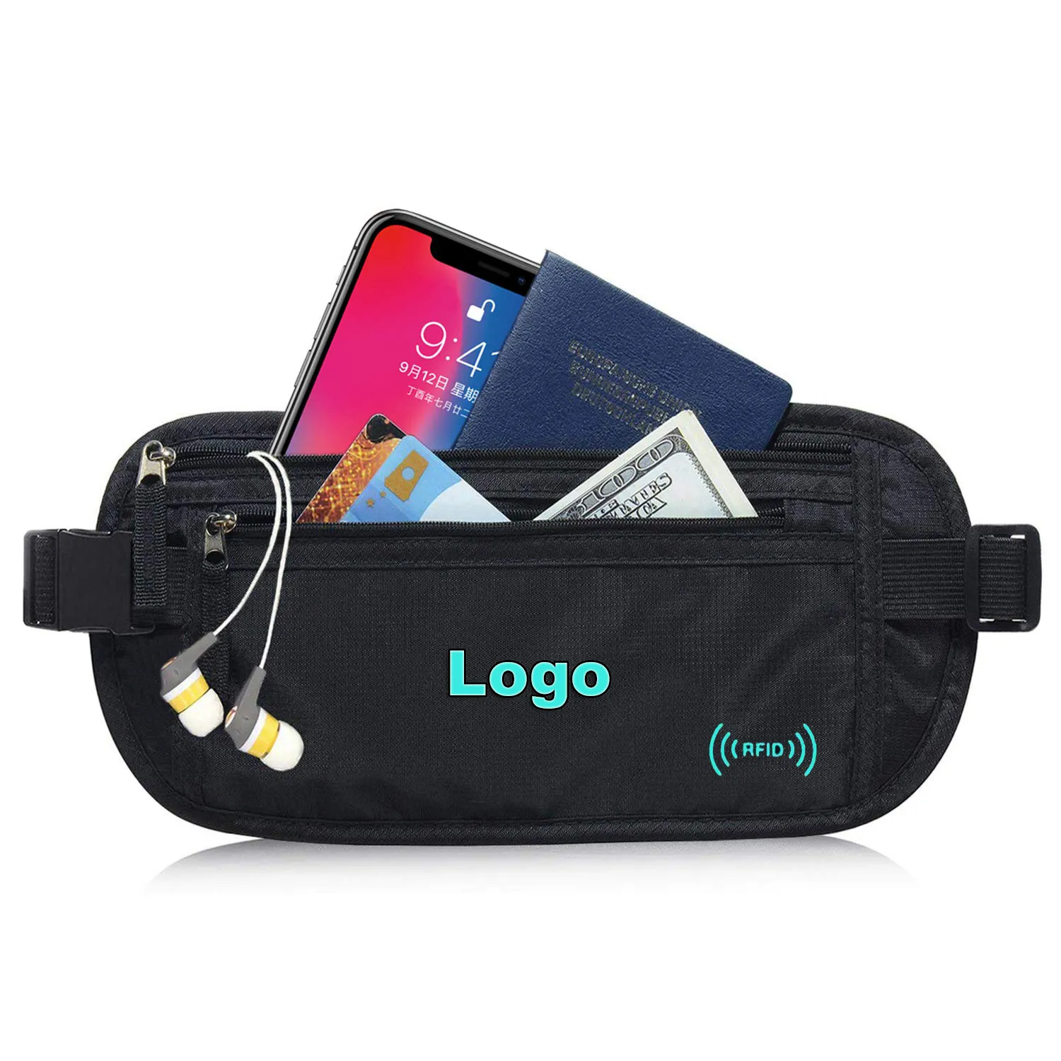 Özel Premium para kemeri pasaport tutucu güvenli gizli seyahat cüzdanı RFID engelleme Undercover Fanny paketi Logo ile