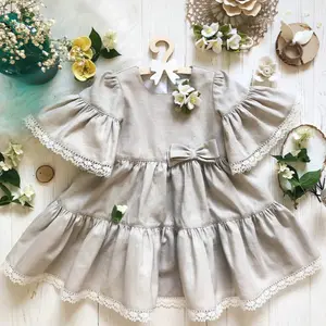 亚麻连衣裙女孩灰色复古服装新生婴儿的完美夏装波西米亚风格波西米亚连衣裙风格