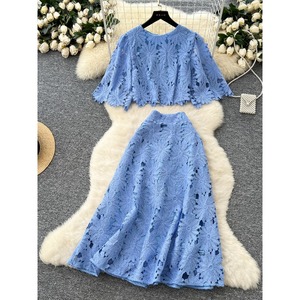 Completo tailleur da donna primaverile 2026: Nuova collezione <span class=keywords><strong>elegante</strong></span> con camicia a maniche svasate in <span class=keywords><strong>pizzo</strong></span> traforato e gonna a vita alta, stile francese raffinato - Product Image 3