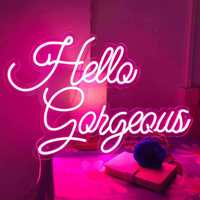 Panneau néon « Hello Gorgeous Hello Beautiful » avec design en écriture cursive, support acrylique, pour salon, photomaton, toile de fond de fête
