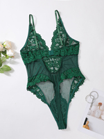 Combinaison en satin à fleurs vert émeraude pour femmes grandes tailles, dentelle fine semi-transparente, décolleté en V profond, bretelles réglables, respirante, romantique