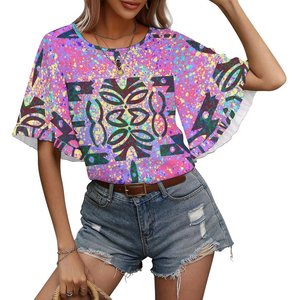 Maßgeschneidertes Modisches Damen-T-Shirt mit Rüschenärmeln Hawaii Polynesisches Druckdesign O-Ausschnitt T-Shirt Damenkleidung - Product Image 4