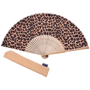 Wedding Favor 21cm Bamboo Hand Fans Custom Leopard Printed Silk Fabric Hand Folding Fan for Woman Gift Promotion and Event