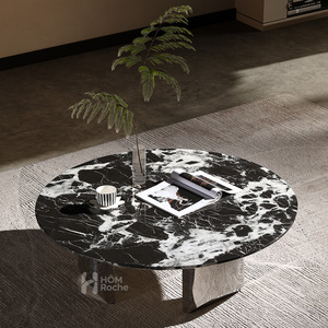 Mesa de Centro Redonda Minimalista de Alta Gama <span class=keywords><strong>Versace</strong></span> de Mármol Negro con Base de Acero Inoxidable con Espejo para Sala de Estar de Lujo - Product Image 1