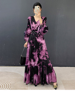 Vestido plisado Miyake estilo oficina 2026 con cuello redondo, manga trompeta, cintura fruncida y estampado, ropa occidental para mujer al por mayor - Product Image 5