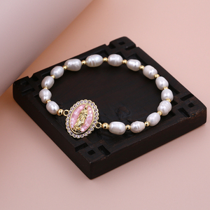 Bracelet fait main en or 18 carats plaqué or, quartz rose, Vierge <span class=keywords><strong>Marie</strong></span>, micro-pavé CZ, médaille religieuse pour femmes, bijoux spirituels - Product Image 3