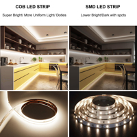 Raymates Zuschneidbare LED-Streifen COB Frei Zuschneidbar Punktlos 480 LEDs 8mm 12V 24V LED-Lichtband für Wohnzimmer Schlafzimmer Innenbereich Decke Zuhause