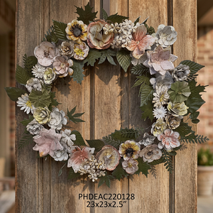 Corona Floral Metálica Rústica Hecha a Mano, Redonda, Decorativa, Sin Iluminación, Elaborada con Hojas y Flores para Puerta o Pared - Product Image 6
